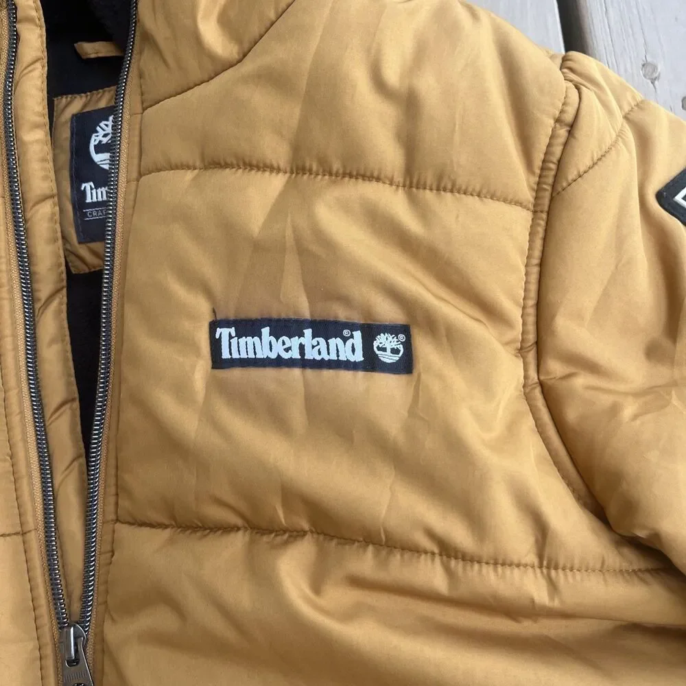 TIMBERLAND Boys Puffer Jacket Tan Hooded Winter Full Zipper Size Large (14-16)